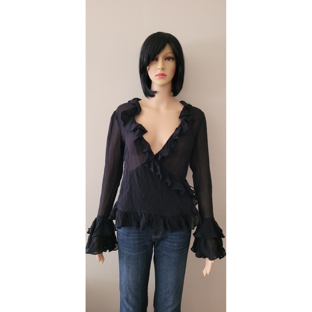 Womens Moda International Size Small 100% Silk Black Sheer Long Sleeve Blouse
